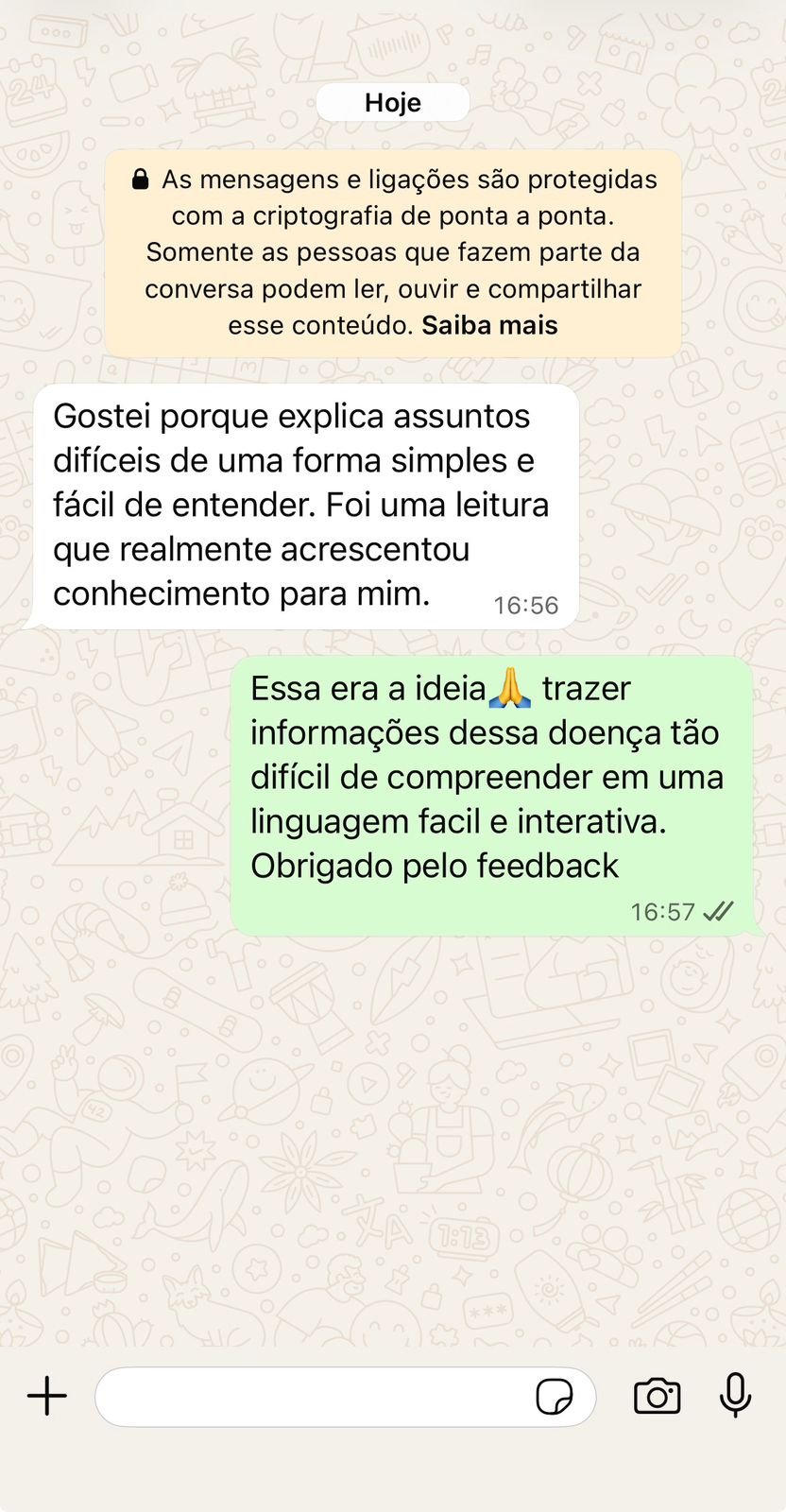 Depoimento no WhatsApp: gostei porque explica assuntos difíceis de uma forma simples e fácil de entender.